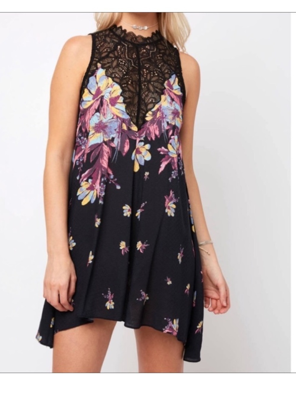 Free People Black MARSHA LACE SLIP DRESS Floral and Lace Yoke size M